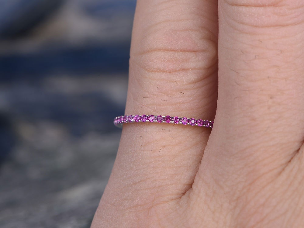 Pink Sapphire wedding ring-solid 14k white gold-handmade petite ring-half eternity- 1.2mm Matching band-tiny stones promise ring-best gift