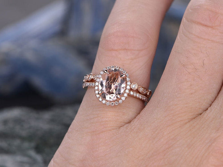 Morganite engagement ring set solid 14k rose gold ring real diamond halo ring matching oval antique jewelry wedding promise bridal ring set