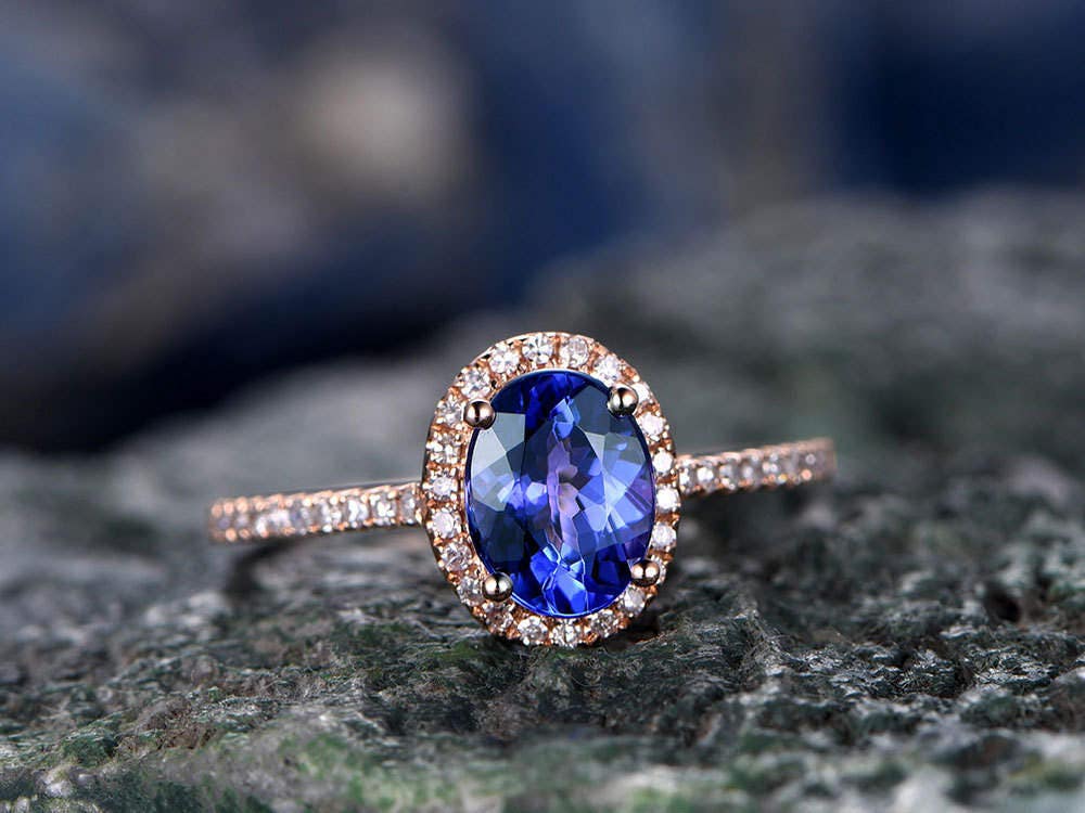 Blue Tanzanite Engagement ring-Solid 14K Rose gold-handmade Diamond ring-Halo Stacking band-6x8mm Oval Cut Gemstone Promise Ring 14K Rose Gold