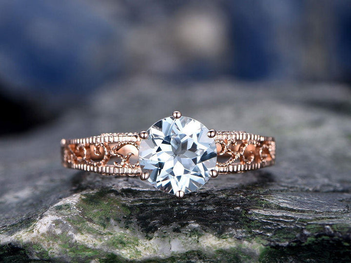 Blue Aquamarine engagement ring-Solid 14k Rose gold-handmade solitaire ring-Filigree ring-Round shape gemstone promise ring