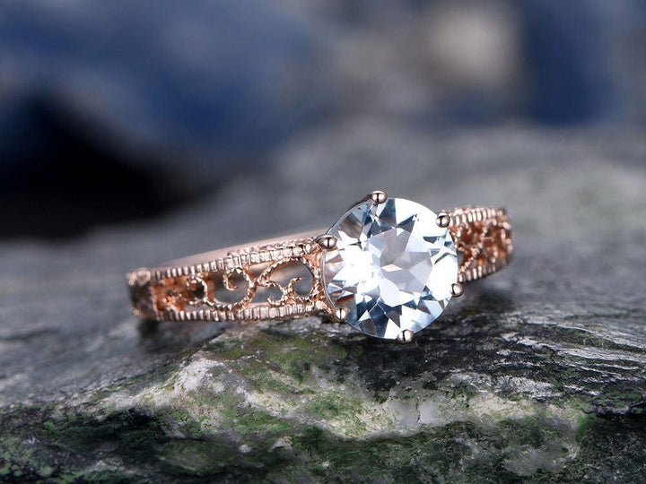 Blue Aquamarine engagement ring-Solid 14k Rose gold-handmade solitaire ring-Filigree ring-Round shape gemstone promise ring