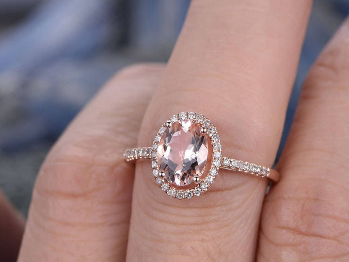 Oval morganite ring morganite engagement ring 14k rose gold real diamond halo ring antique unique half eternity promise bridal wedding ring