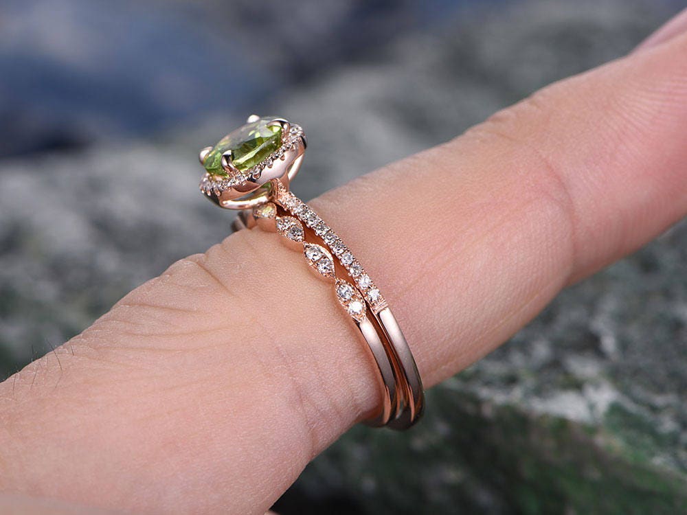 Green peridot engagement ring rose gold handmade diamond halo bridal ring stacking matching 2pc round marquise antique wedding promise ring