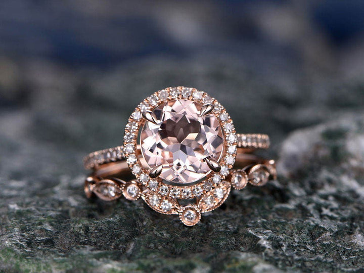 Morganite engagement ring- Solid 14k Rose gold ring-Real Diamond Ring-8mm Round gemstone promise ring-2pcs Bridal Ring set-halo wedding band