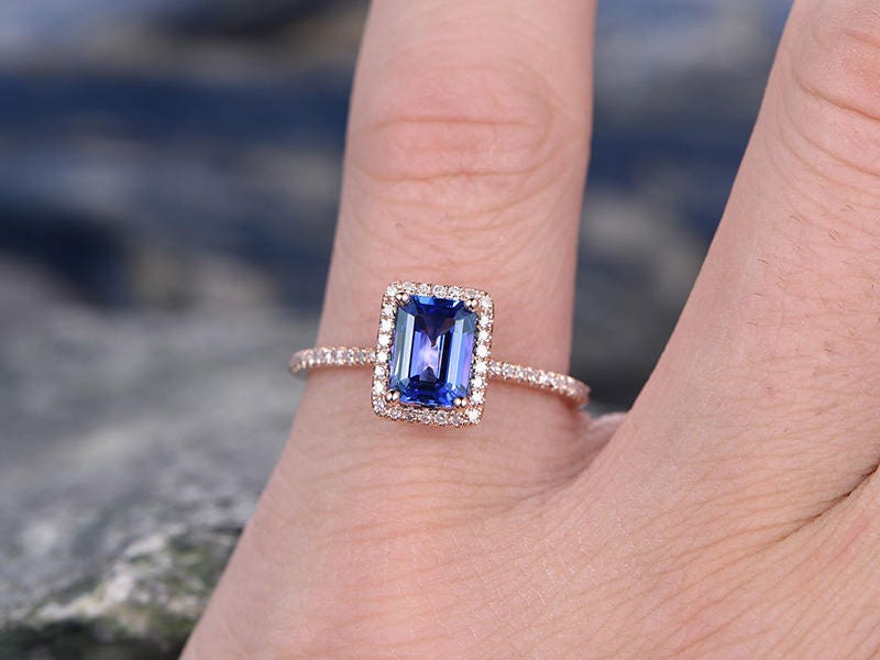5x7mm Blue Tanzanite wddding ring-solid 14k gold ring-handmade diamond engagement rose ring-Emerald Cut gemstone promise ring,custom ring