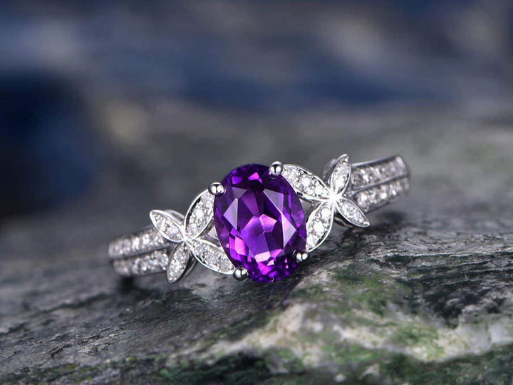 Purple Amethyst engagement ring-Solid 14k White gold-handmade diamond ring-Butterfly flower-6x8mm Oval cut gemstone promise ring