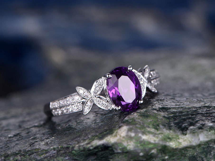 Purple Amethyst engagement ring-Solid 14k White gold-handmade diamond ring-Butterfly flower-6x8mm Oval cut gemstone promise ring