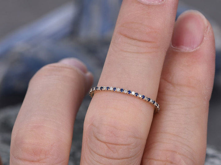 Natural blue sapphire wedding ring band solid 14k rose gold petite diamond ring full eternity tiny stones V Pave 1.2mm matching bridal band