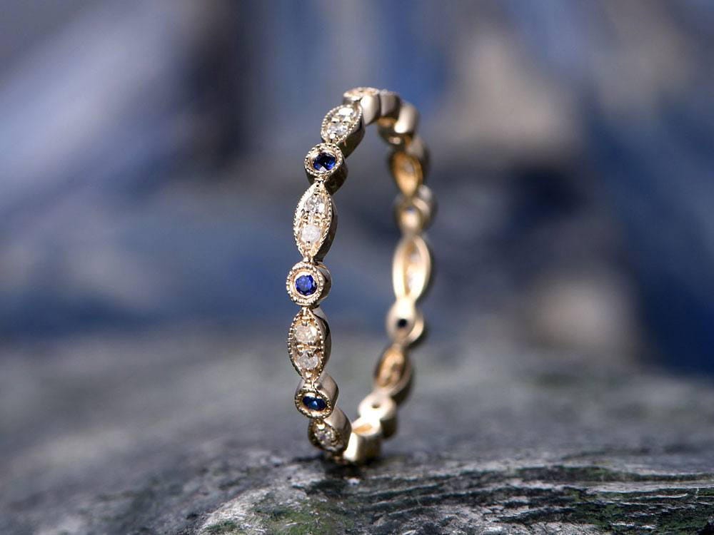 Blue Sapphire wedding ring-solid 14k Yellow gold-handmade petite diamond ring-Full eternity- Matching band-tiny stones Bezel Mircro Pave