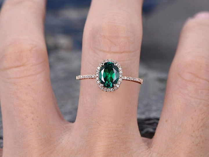 Oval cut green emerald engagement ring Halo engagement ring rose gold handmade diamond ring May birthstone ring halo ring anniversary ring