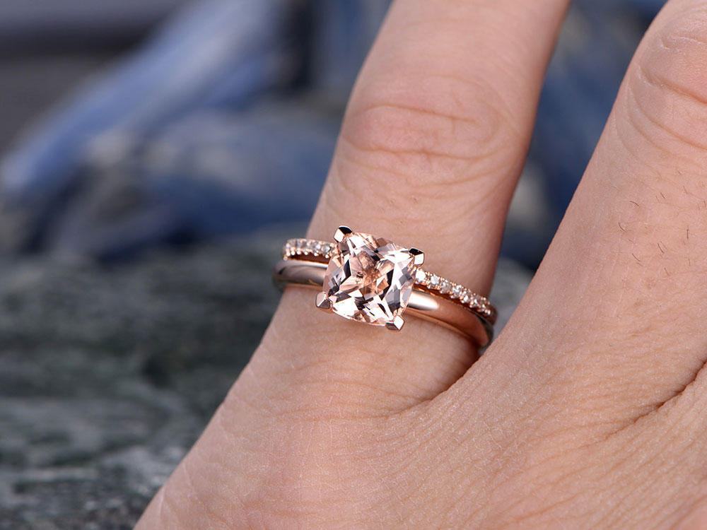 Morganite engagement ring set solid 14k rose gold ring real diamond ring cushion unique antique wedding anniversary bridal promise ring set
