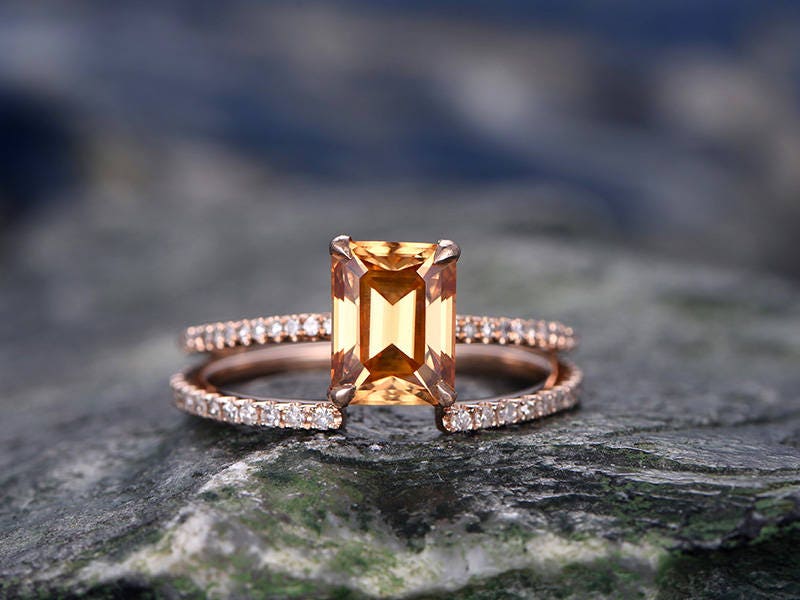 Citrine engagement ring set-Solid 14k rose gold-handmade Diamond Wedding ring-2PC Stacking ring-6x8mm emerald cut gemstone-yellow birthstone