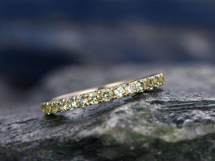 Natural Peridot wedding ring-Solid 14k yellow gold-handmade Fine ring-Half eternity band-2mm Matching band-birthstone promise ring