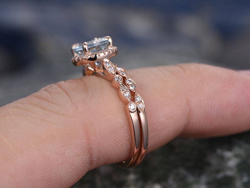 Blue aquamarine engagement ring set solid 14k rose gold handmade diamond halo wedding ring 2PC stacking ring round March birthstone ring set