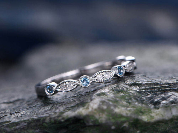 Blue topaz wedding ring 14k white gold diamond ring half eternity art deco marquise matching wedding band bridal anniversary promise ring