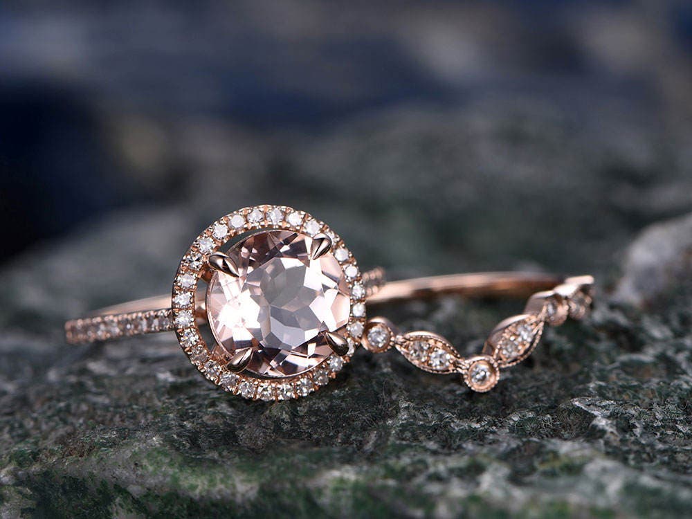 Morganite engagement ring- Solid 14k Rose gold ring-Real Diamond Ring-8mm Round gemstone promise ring-2pcs Bridal Ring set-halo wedding band