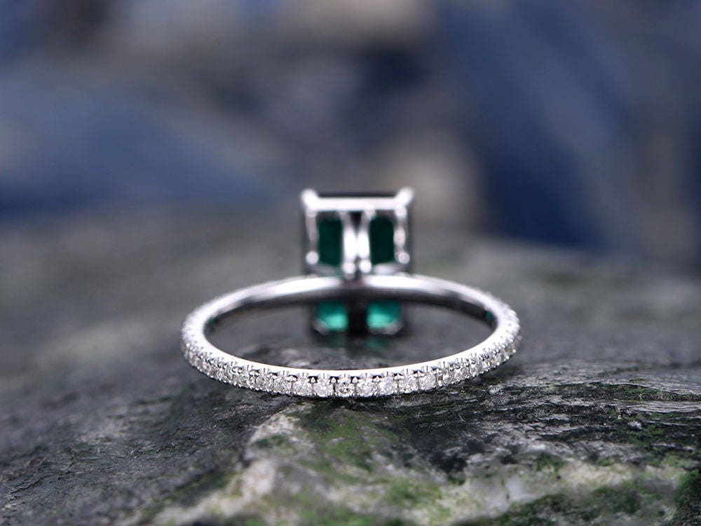 Emerald cut emerald engagement ring 14k white gold diamond ring full eternity stacking vintage unique gift wedding promise ring for her