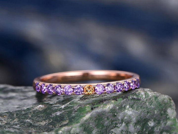 Natural 2mm Round Amethyst wedding ring with center Citrine-solid 14k Rose gold-handmade unique ring-halfeternity-Matching band-Birthstone