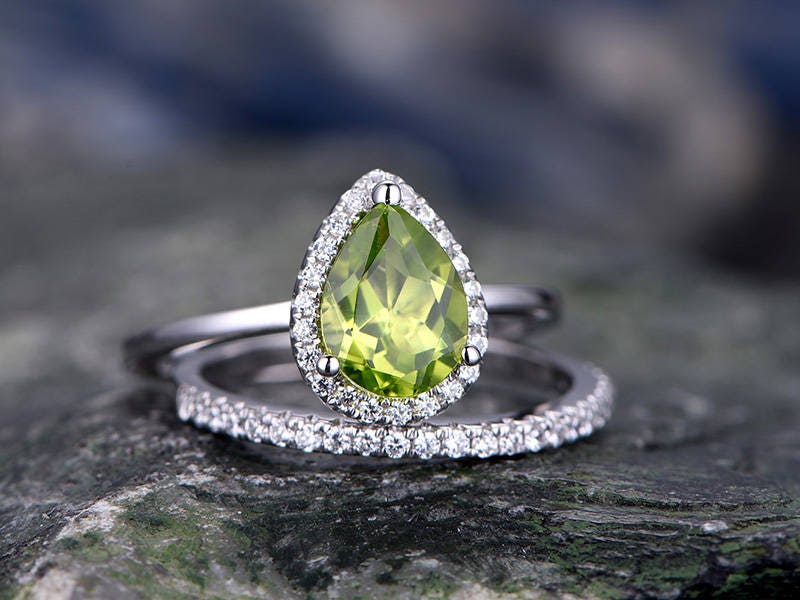 Green Peridot engagement ring-Solid 14k white gold-handmade Diamond Bridal ring-pave Stacking band-6x8mm Pear shaped gemstone promise ring