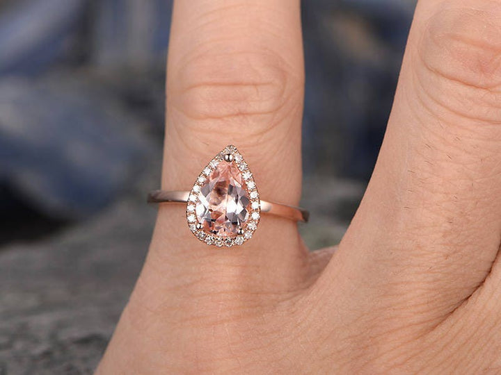 Morganite engagement ring handmade solid 14k rose gold ring solitaire stacking 5x7mm tear drop real diamond halo ring wedding promise ring