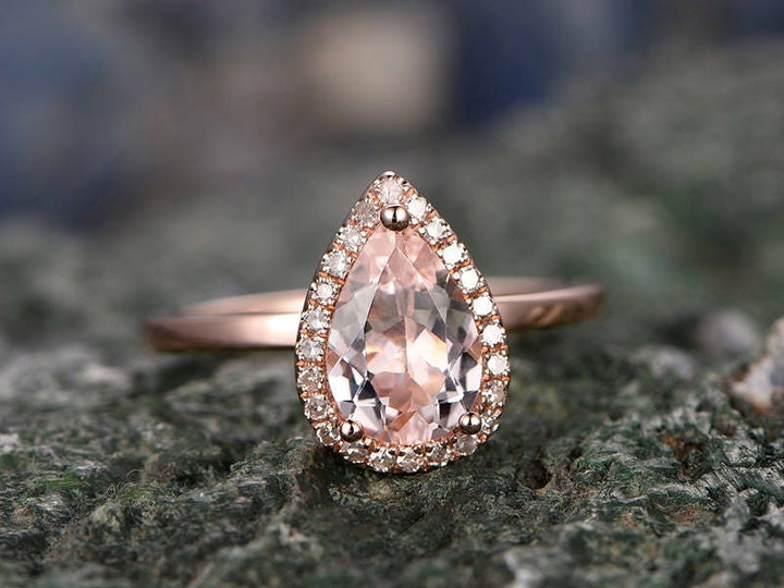 Morganite engagement ring handmade solid 14k rose gold ring solitaire stacking 5x7mm tear drop real diamond halo ring wedding promise ring