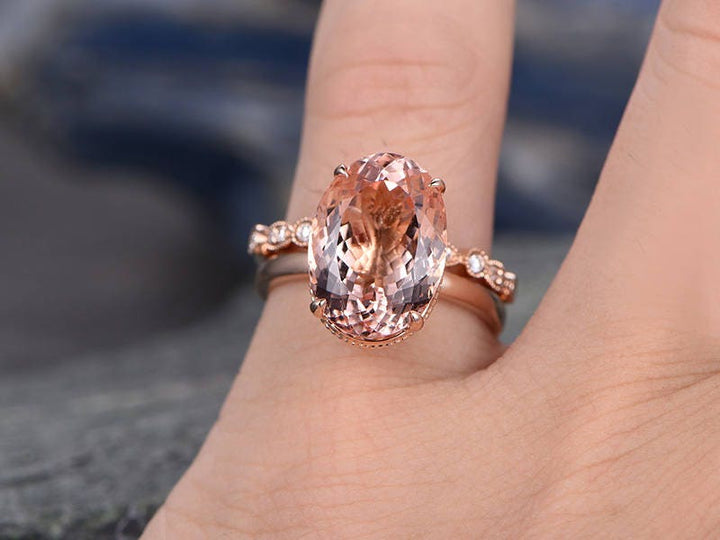 11x14mm pink morganite engagement ring handmade solid 14k rose gold wedding ring real marquise diamond band promise ring 2pc bridal ring set