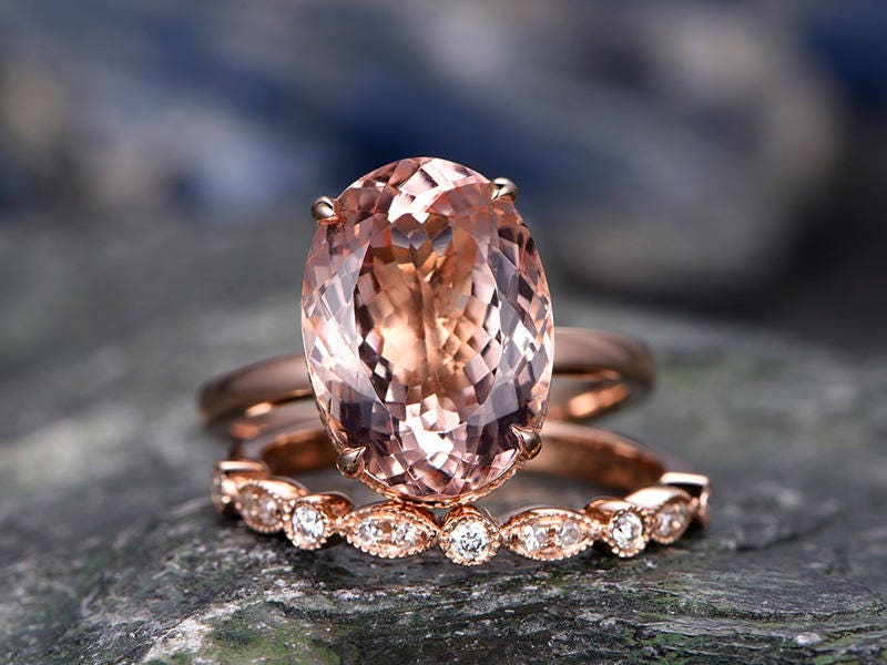 11x14mm pink morganite engagement ring handmade solid 14k rose gold wedding ring real marquise diamond band promise ring 2pc bridal ring set