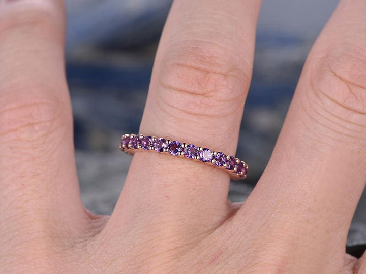 Natural 2mm round amethyst wedding ring band 14k rose gold unique antique full eternity matching band gift engagement bridal promise ring