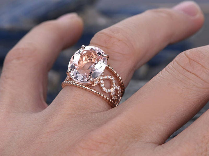10x12mm Big Oval Morganite engagement ring- Solid 14k Rose gold  anniversary ring-Solitaire Stacking band- art deco floral promise ring