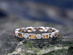 Natural Citrine wedding ring-solid 14k white gold-handmade unique ring-full eternity emerald cut cirtrine Matching band-diamond promise ring