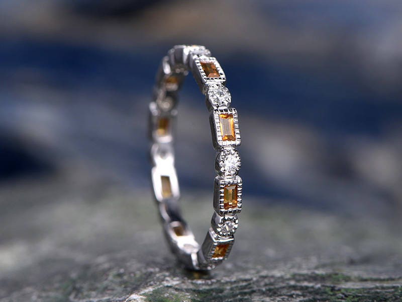 Natural Citrine wedding ring-solid 14k white gold-handmade unique ring-full eternity emerald cut cirtrine Matching band-diamond promise ring