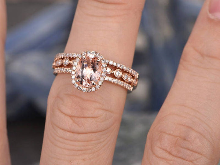 3pcs 6x8mm oval pink morganite engagement ring set solid 14k rose gold ring matching wedding set halo diamond anniversary bridal ring set