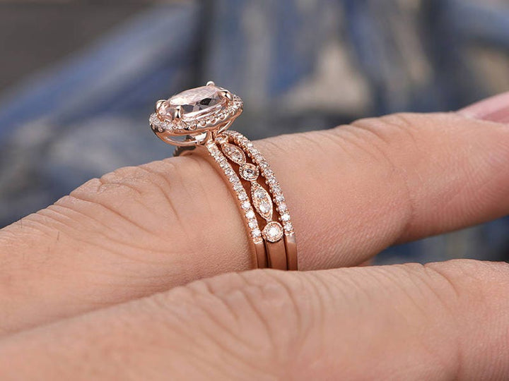 3pcs 6x8mm oval pink morganite engagement ring set solid 14k rose gold ring matching wedding set halo diamond anniversary bridal ring set
