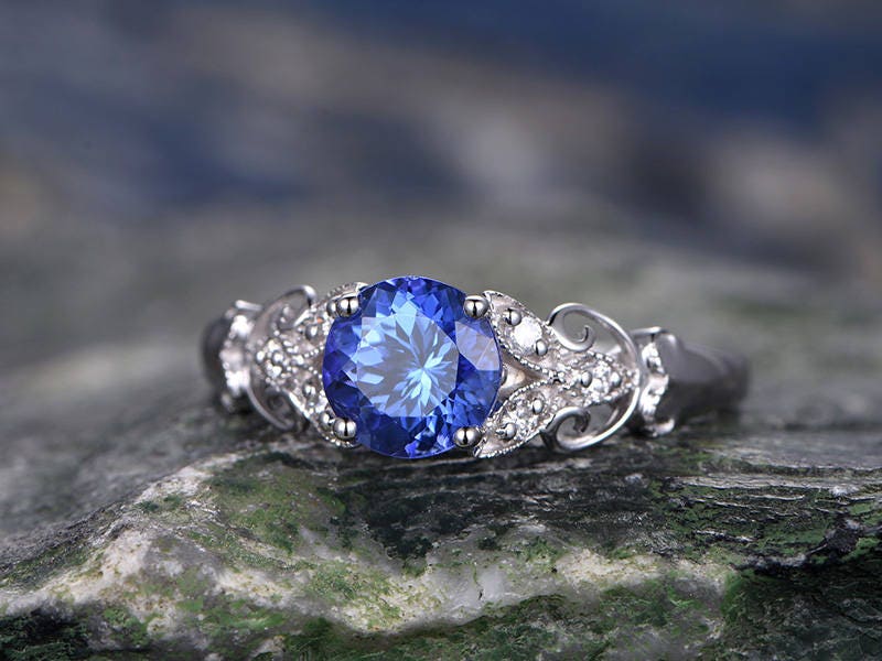 6.5mm Round Blue Tanzanite engagement ring-solid 14k white gold-diamond wedding ring-tanzanite ring wedding ring-Floral art deco ring