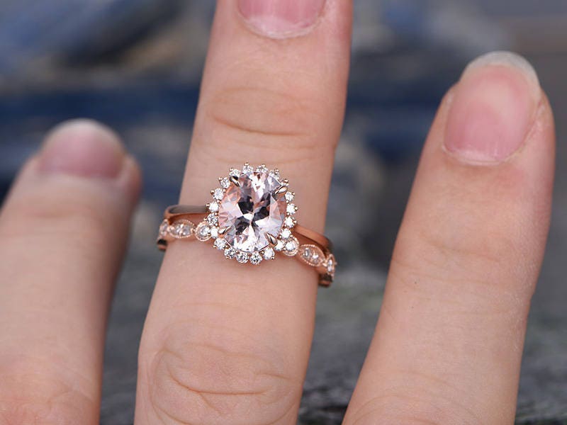 Morganite engagement ring set solid 14k rose gold ring real diamond ring unique oval flower open gap wedding promise ring bridal ring set
