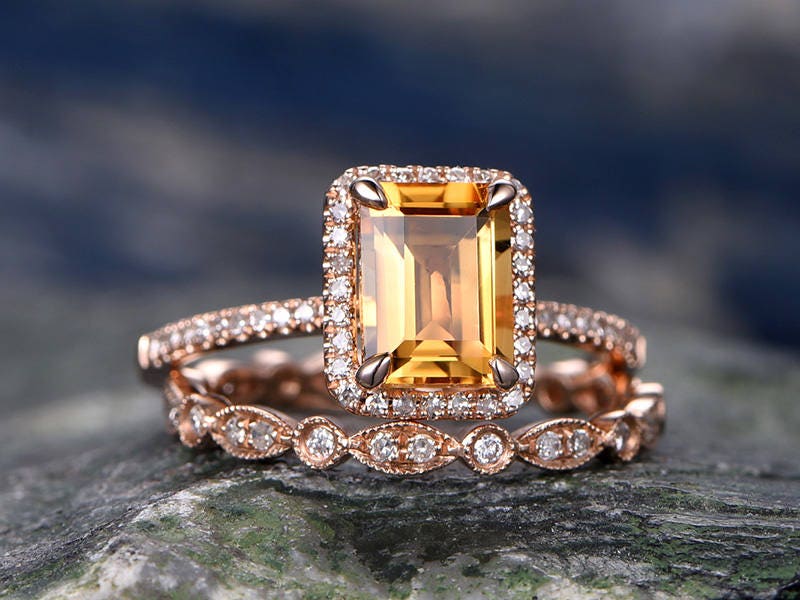 Emerald Cut Citrine engagement ring set-Solid 14k rose gold-Real Diamond Wedding ring-2PC Stacking ring-gemstone-yellow birthstone halo ring