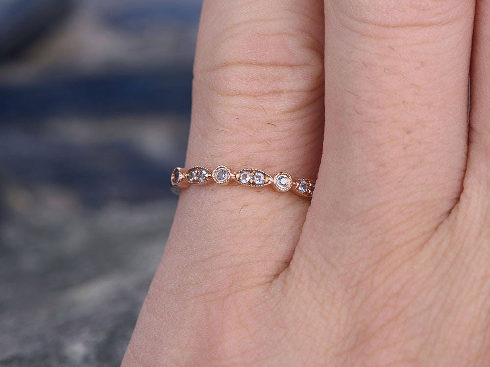 blue topaz wedding ring rose gold marquise diamond ring half eternity art deco matching stacking band tiny stones promise ring gift for her