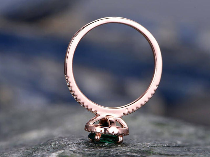Green emerald engagement ring 14k rose gold handmade diamond ring unique vintage gift halo anniversary wedding bridal promise ring for her