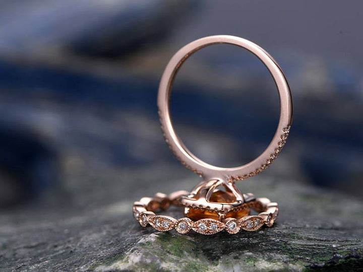 Emerald Cut Citrine engagement ring set-Solid 14k rose gold-Real Diamond Wedding ring-2PC Stacking ring-gemstone-yellow birthstone halo ring