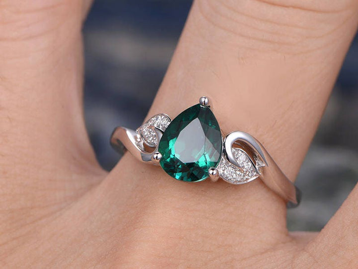 Pear teardrop emerald engagement ring 14k white gold real diamond ring vintage art deco unique floral bridal wedding promise ring for her