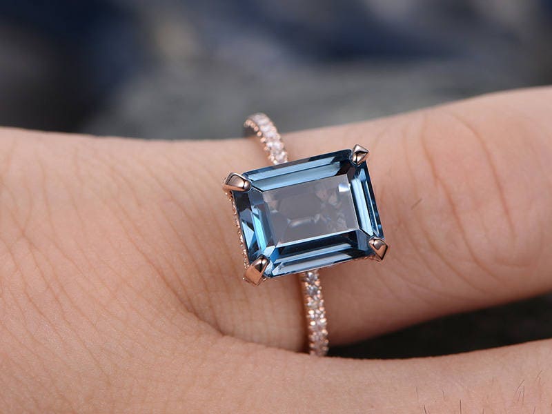 Vintage unique engagement ring under halo basket diamond ring emerald cut London blue topaz engagement ring 14k rose gold topaz ring gold