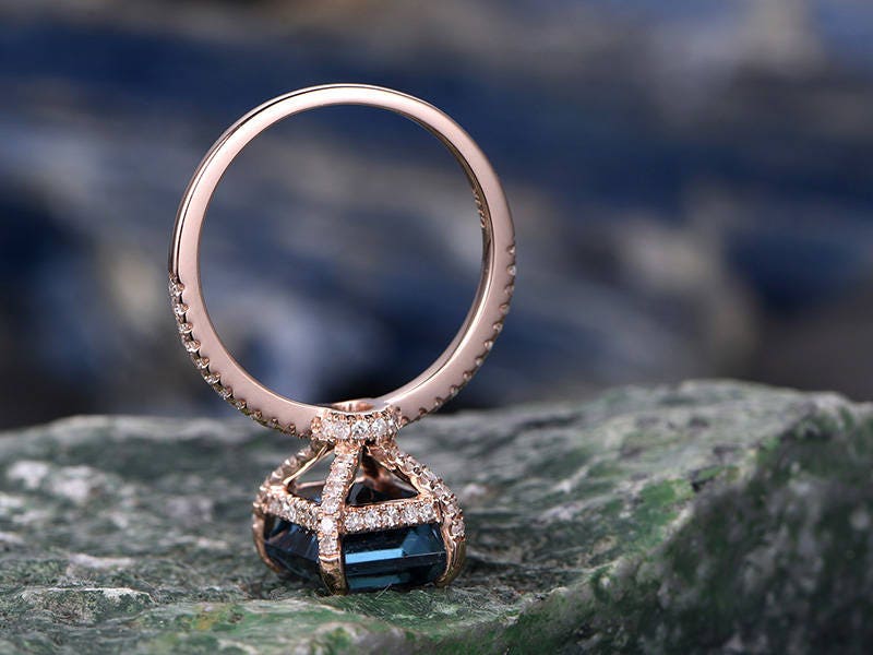Vintage unique engagement ring under halo basket diamond ring emerald cut London blue topaz engagement ring 14k rose gold topaz ring gold