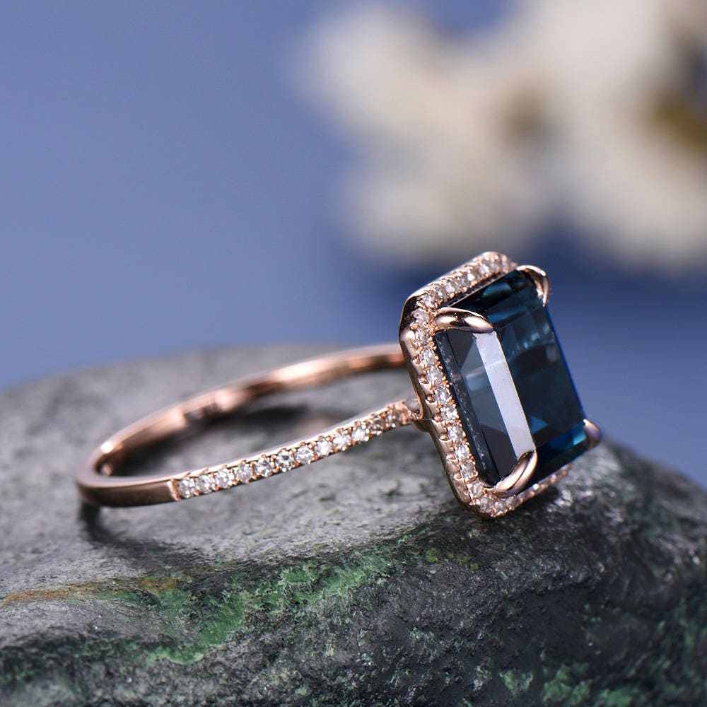 Vintage 8x10mm Emerald Cut London Blue topaz engagement ring topaz ring solid 14k rose gold diamond halo ring bridal wedding set jewelry