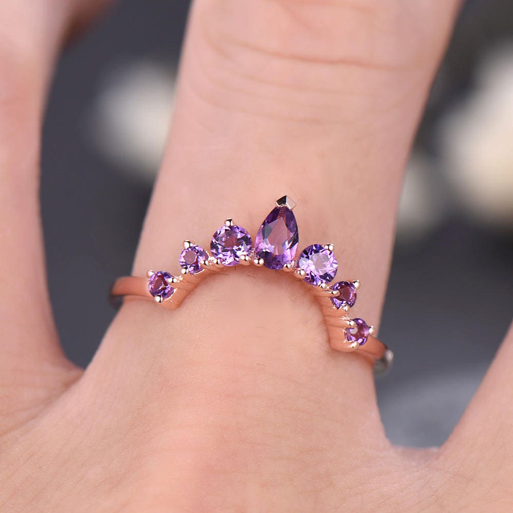 Natural amethyst wedding ring band 14k rose gold unique half eternity vintage petite curved crown matching promise engagement bridal ring