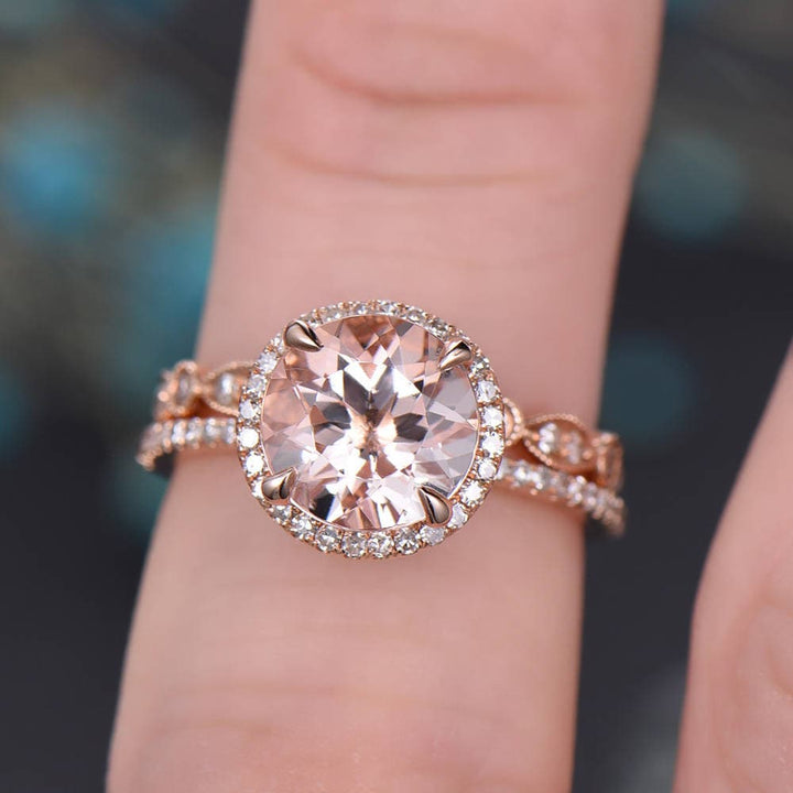 Vintage unique round cut Morganite engagement ring set solid 14k rose gold halo full eternity marquise diamond promse wedding ring set women