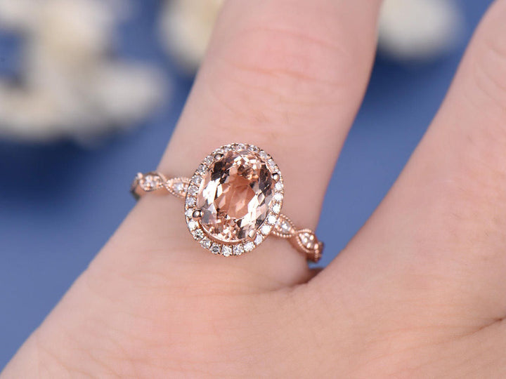 Vintage pink morganite engagement ring art deco moissanite ring marquise ring set halo ring rose gold bridal ring oval cut wedding ring gift