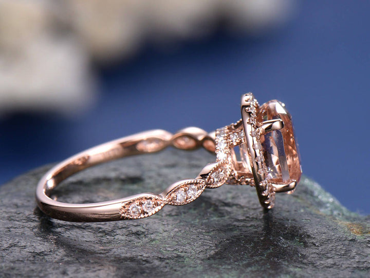 Vintage pink morganite engagement ring art deco moissanite ring marquise ring set halo ring rose gold bridal ring oval cut wedding ring gift