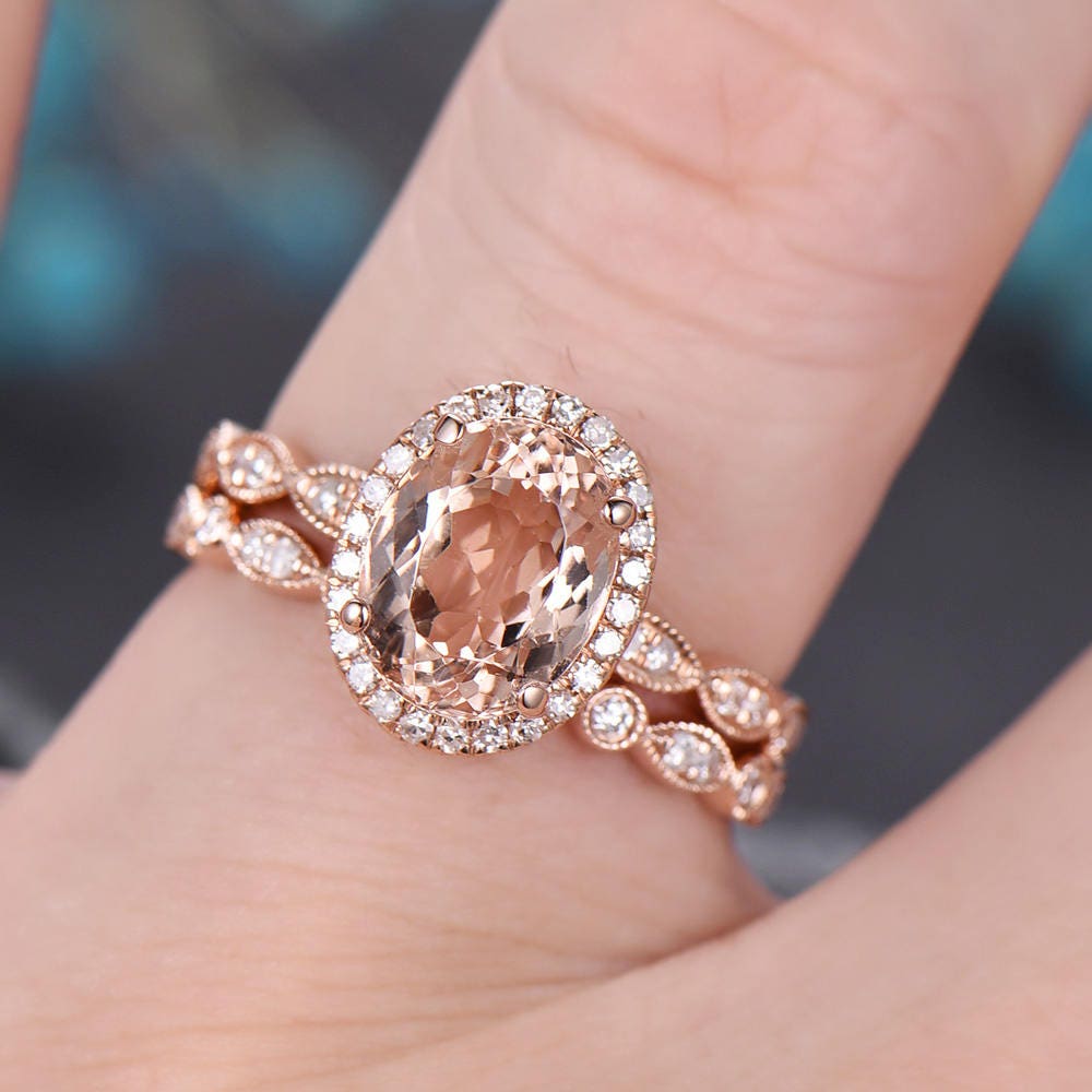 Vintage morganite engagement ring set unique diamond ring set rose gold ring set for women open gap wedding band marquise ring set jewelry