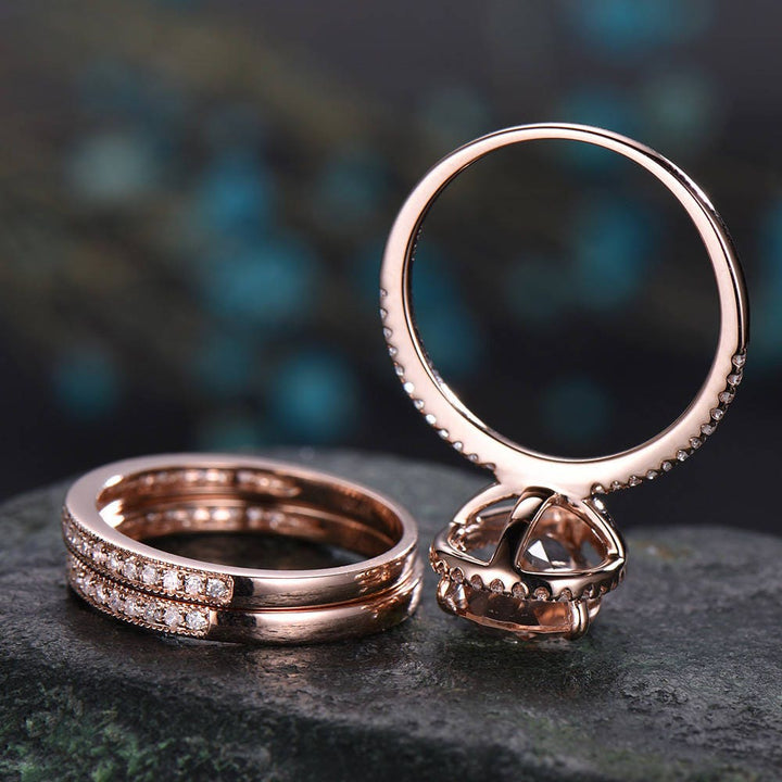 8x12mm pear shaped morganite engagement ring set 14k rose gold vintagehalo half eternity diamond promise bridal wedding ring set for women