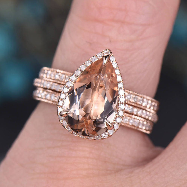 8x12mm morganite engagement ring set rose gold diamond halo ring 3pcs morganite bridal set antique matching stacking wedding promise ring